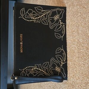 NWOT Michael Kors Black Clutch with Gold Floral Design